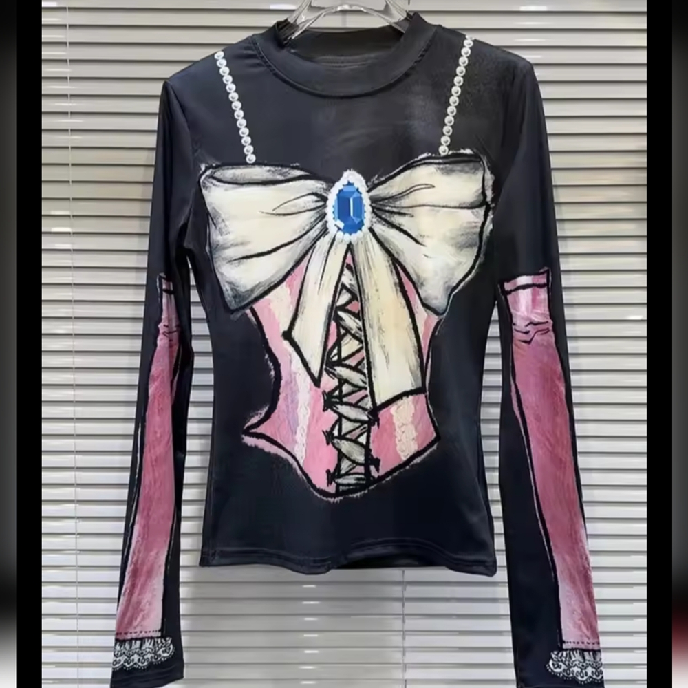 New Items T-shirt For Women colorful print Bow Mesh Long Sleeve Stretch Fashion - Picture 2 of 7